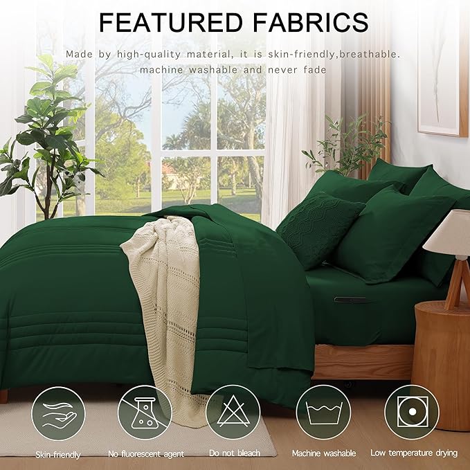 Monbix King Size Comforter Set - 7 Pieces Bed in a Bag King, Emerald Green Bedding Sets with Comforter, All Seasons Comforter Bed Set with Sheets, Pillowcases & Shams