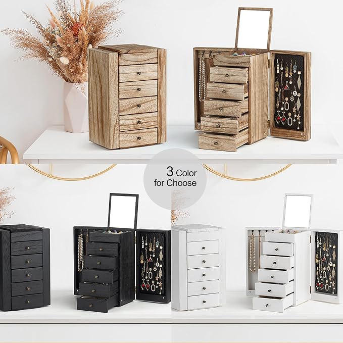 Meangood Jewelry Box Wood for Women, 6-Layer Large Organizer Box with Mirror & 5 Drawers for Rings, Earrings, Necklaces, Vintage Style, Carbonized Black - Image 4