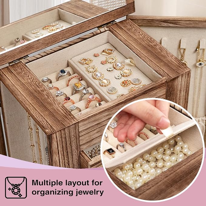 Emfogo Jewelry Box for Women, 5 Layer Large Wood Boxes & Organizers for Necklaces Earrings Rings Bracelets, Rustic Organizer with Drawers and Mirror(Carbonized Black) - Image 4