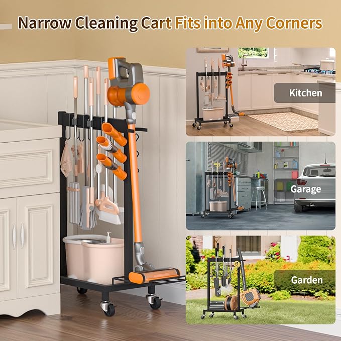 Broom Holder with Cleaning Supplies Organizer Load 160 LBS Cleaning Cart with Wheels Broom Closet Storage with 6 Mop Hanger Grippers, 3 Double-Hooks, Vacuum Stand for Laundry Garage Organization - Image 8