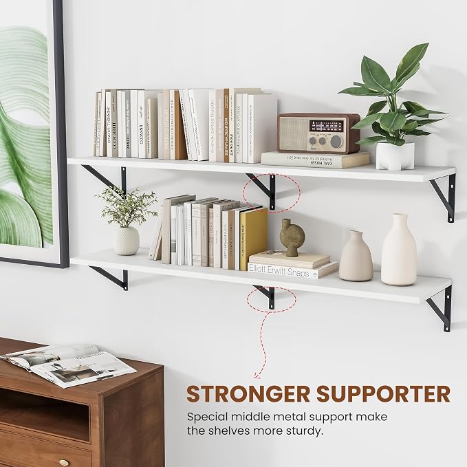 Heimlove White Deep Floating Shelves for Wall, 48W x 12D Wood Wall Shelves Set of 2, Wide Floating Bookshelf for Living Room, Kitchen, Office, Bedroom and Decor Storage, with Black Bracket - White - Image 4