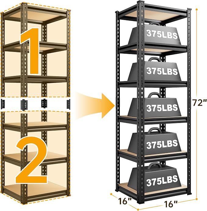 REIBII Storage Shelves 6 Tier Garage Shelving, Adjustable Shelving Units Loads 2250LBS, Narrow Shelves Units and Storage for Kitchen, Pantry, Garage, Closet, Basement, 16" W x 16" D x 72" H - Image 3