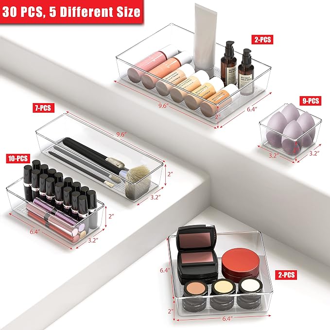 Simple Houseware 30 PCS Clear Plastic Drawer Organizers Set, 5-Size for Makeup, Bathroom, Bedroom and Office - Image 2