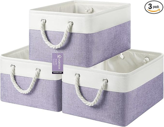 Large Storage Baskets- 15.7x11.8x8.26 inch Storage Bins for Shelves and Closet Organizing, Foldable Fabric Bin for Home Organization Clothes and Laundry (3-Pack, White&Purple) by VQRTEXAStorageBasket