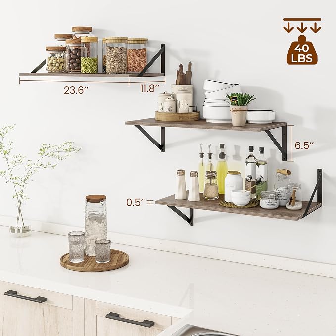 Heimlove 24" W x 12" D Wall Shelves for Books, 12 Inch Deep Floating Shelves Set of 3, Wide Floating Bookshelf with Metal Bracket for Living Room, Kitchen, Office, Bedroom and Decor Storage - Grey - Image 3