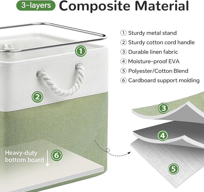 13 x 13 Inch Cube Storage Bins, 6 Pack Fabric Storage Basket with Handles, Foldable Boxes Organizer for Shelf Baskets for Home, Clothes (White/Green) - Image 4