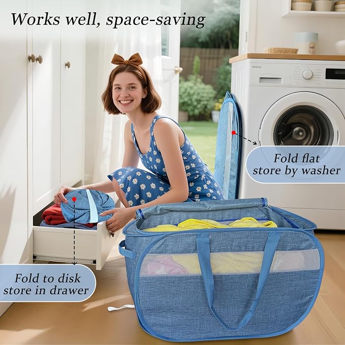 Upgraded 100L Extra Large Mesh Pop Up Laundry Hamper with Lid and Handles. XL Closet Storage Bins, Dirty Clothes Basket for Dorm Home, Foldable Laundry Basket. Blue. H - Image 4