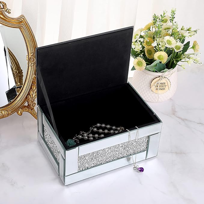 Hipiwe Glass Mirrored Jewelry Box with Crushed Diamond Decor, Trinket Organizer Box Luxury Rings Earrings Necklace Storage Keepsake Box Treasure Chest Case, Silver Large Size - Image 3