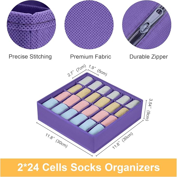 Joyoldelf Sock Drawer Organizer Divider 2 Packs Underwear Organizer, 24 Cell Closet Organizers and Storage Organizer Sock Holders Organizers for Storing Socks, Handkerchiefs, Ties, Belts (Purple) - Image 2