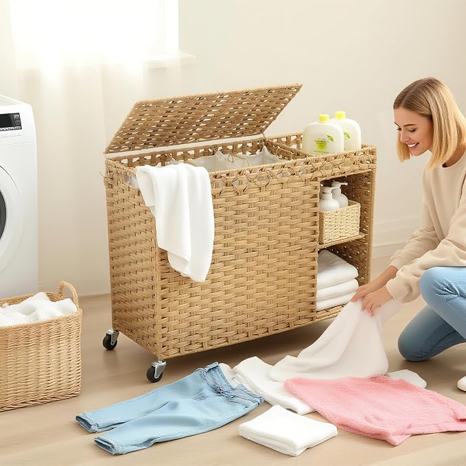 Laundry Hamper with Lid, 160L Rattan Wicker Laundry Basket with Wheels, Handwoven Laundry Hamper 3-Section with Storage shelf(42.3 Gal), Laundry Sorter Basket with Removable Liner, Natural HLH033N - Image 6