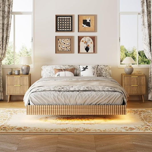 LYNSOM 3 Pieces Queen Bedroom Set, Floating Bed Frame with Smart LED Lights & Nightstand Set of 2, Fluted Bedroom Furniture Set for Home, Bedroom, Walnut