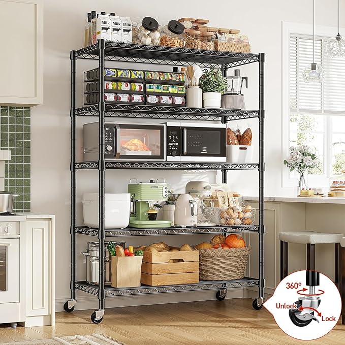 REIBII 73''H Storage Shelves 1660LBS Wire Shelving Unit with Wheels 5 Tier Metal Shelving,Heavy Duty Metal Shelves for Storage Rack,Commercial Industrial for Garage Kitchen 73''HX35''WX15''D,Black - Image 4