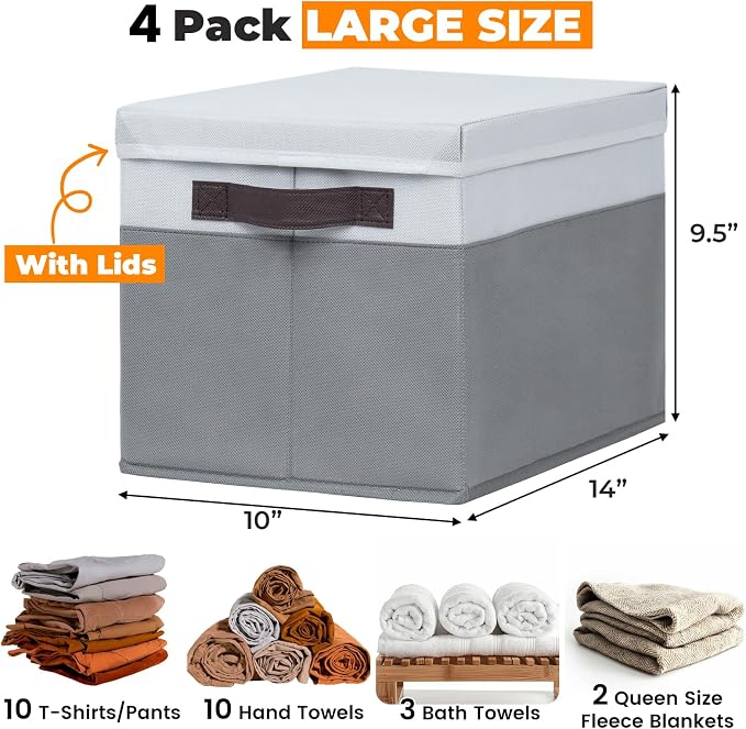 Large Closet Storage Baskets Bins with Lids 4 Pack, Storage Baskets for Organizing Shelves Nursery Bedroom, Home Dorm Closet Organizers Cubes for Clothes Toys Blanket Book - Stackable -14x10x9.5 - Image 2