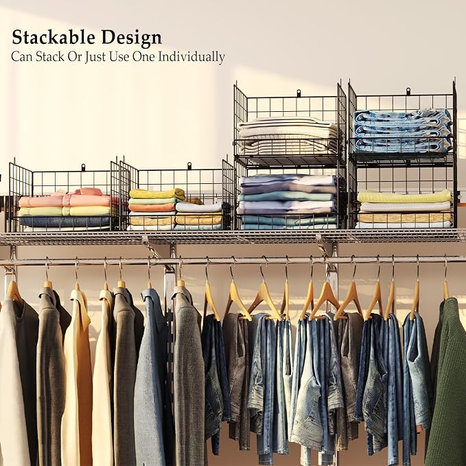 4 Pack Closet Organizers and Storage Shelves for Clothes, 4 Tier Stackable Closet Storage Basket Bin Container for Clothing Sweater Jean, Narrow, Foldable, Sturdy Metal System Organizer Shelf - Image 4
