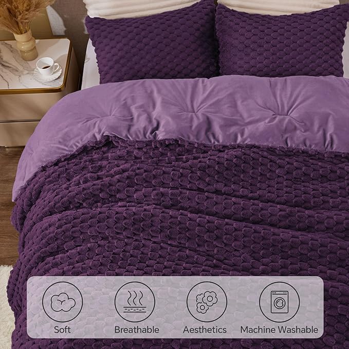 BEDELITE Fluffy Queen Comforter Set - Purple Fleece Soft Comforter for Queen Size Bed, Luxury Warm Bedding Set for Winter, Fuzzy Bed Set 3 Pieces (1 Comforter, 2 Pillowcases)