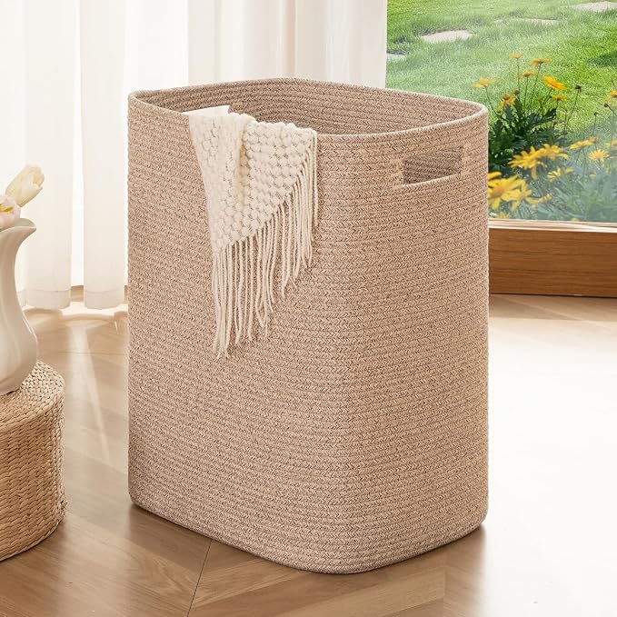 OIAHOMY Laundry Hamper, Rectangle Cotton Laundry Basket with Handles, Large Blanket Basket for Living room, Woven Decorative Storage for Toys,Clothes,Pillows-16x13x22in-Brown variegated by MasterofSpaceOptimization