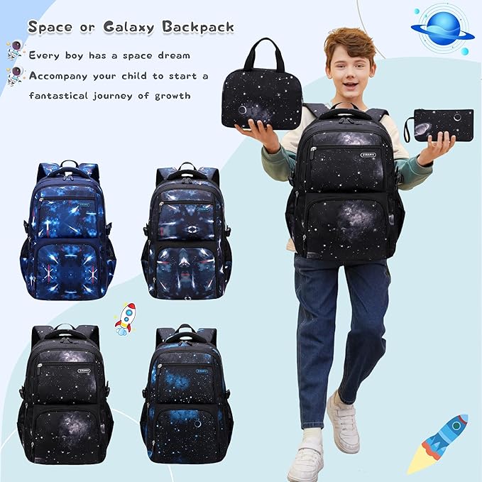 Galaxy-Print School-Bag Backpack for Boys Middle-School Elementary Bookbag
