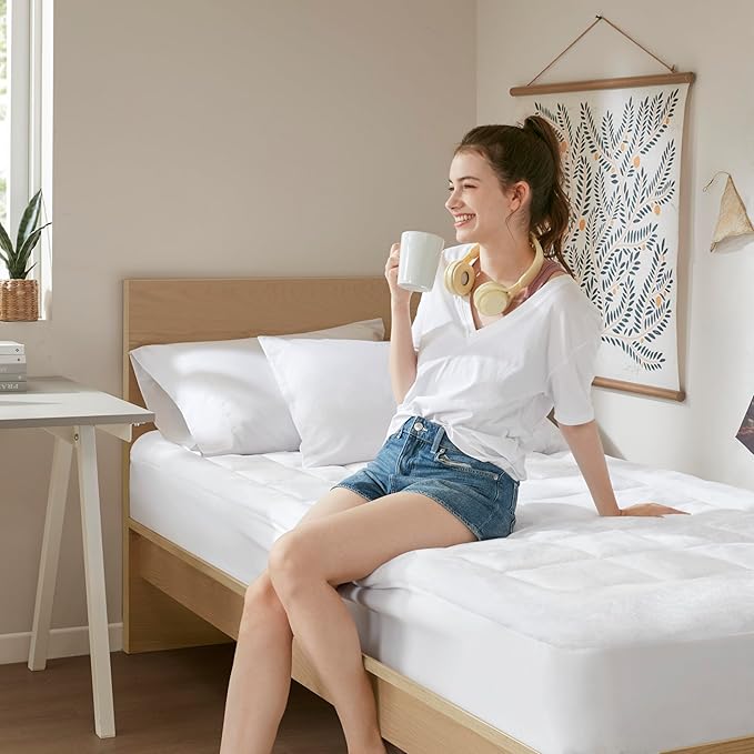 Madison Park Waterproof Mattress Protector, Cloud Soft Plush Mattress Cover, Overfilled Mattress Pad, Fitted Pocket Fits Up to 18 Inch, Machine Washable Bed Cover, White Twin