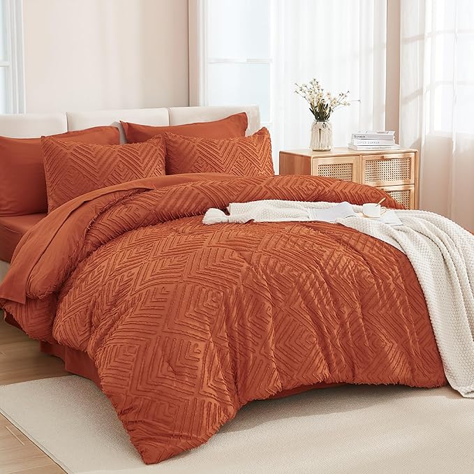 Andency Super King Plus Comforter Set Burnt Orange - 7 Pieces Bed in a Bag Oversized King Bedding Sets, Boho Tufted Terracotta Bedding Sets, Rust Bed Set with Comforter, Sheets, Pillowcases & Shams