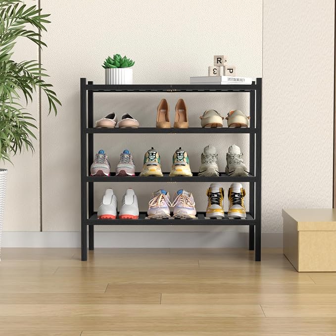 ROMGUAR CRAFT 4 Tier (Thick) Bamboo Shoe Rack for Closet Free Standing Wood Shoe Shelf for Entryway Small Space Stackable 27"x12"x28" (Blackl) - Image 2