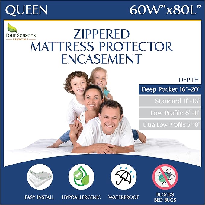 Queen Mattress Protector Bedbug Waterproof Zippered Cover - Deep Pocket Fits up to 20" Depth - Hypoallergenic Premium Quality Encasement Protects Against Dust