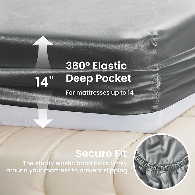 Love's cabin Satin King Sheet Sets - 4 Piece Dark Grey Silky Sheets King Size Bed Set with Deep Pocket, Luxury Silk Feel King Size Satin Sheet Set (1 Flat Sheet,1 Fitted Sheet,2 Pillow Cases)