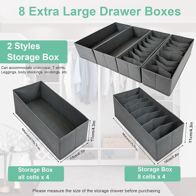 homyfort 8 Pack Dresser Drawer Organizers and Storage Bins for Clothing, Large Drawer Organizer Bins for Baby Clothes, T-Shirts, Bra, Underwear, Socks (Grey) - Image 4