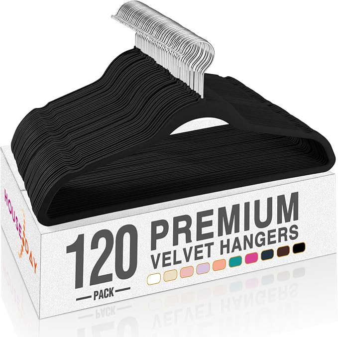 HOUSE DAY Black Velvet Hangers 120 Pack, Premium Clothes Non-Slip Felt Hangers, Sturdy Black Heavy Duty Coat Hanger, Durable Space Saving Suit Hanger, 360° Rotating Silver Hook by HOUSEDAY