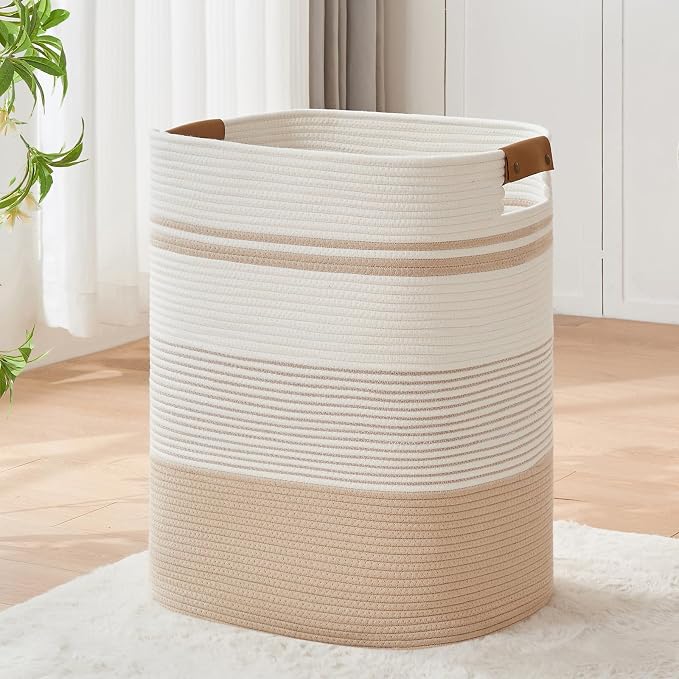 AINUOQI Laundry Basket with Handles - Blanket Basket & Hampers for Bedroom Aesthetic, Laundry Hamper & Blanket Storage for Living Room, Clothes Hamper, Tall, Large 17" x 14" x 22”, Off-white by AINUOQI