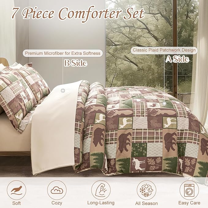 Comforter Set King Size Bear Moose Plaid Comforter Bedding-7 Piece Bed in a Bag,Soft Reversible Patchwork Microfiber Bedding Set (1 Comforter,1 Flat Sheet,1 Fitted Sheet,2 Pillowcases,2 Pillow Shams)
