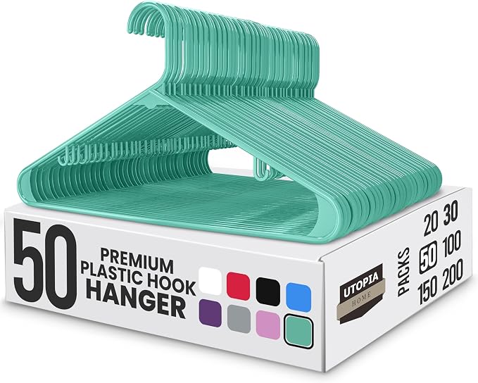 Utopia Home Plastic Hangers 50 Pack - Space Saving Clothes Hanger - Durable & Strong Closet Organizers and Storage with Built-in Strap Hooks - Essential for Shirts, Pants, Skirts & Coats (Aqua) by UTOPIAHOME