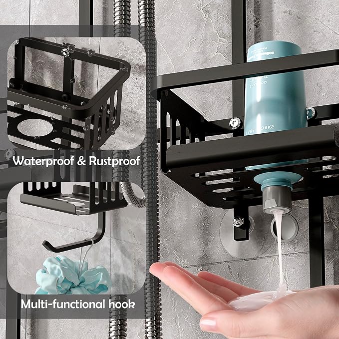 Aluminum Shower Caddy Hanging for Handheld Showerheads, Never Rust Shower Organizer with Hooks Holder Toothbrush Holder，Over Showerhead Caddy for Bathroom, Black - Image 2