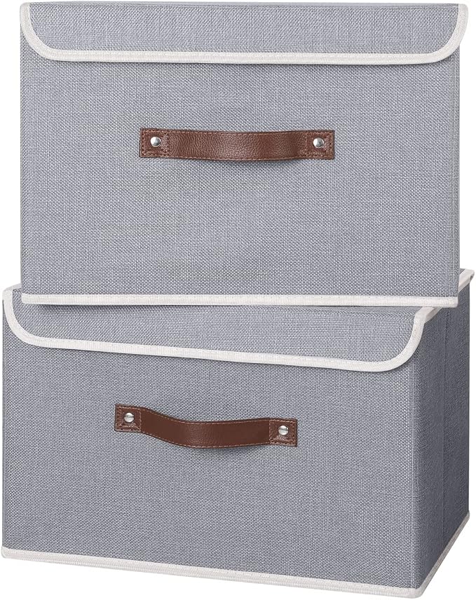 ANMINY 4PCS Storage Bins with Lid PU Leather Handles Storage Boxes PP Plastic Board Decorative Foldable Lidded Cotton Linen Fabric Home Cubes Baskets Closet Organizer Containers - Gray, Large Size - Image 5