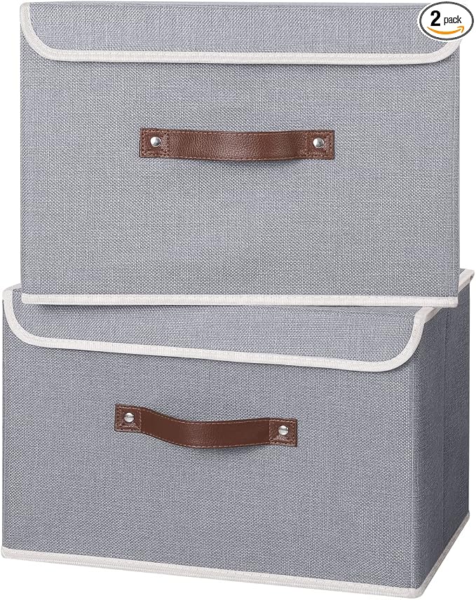 ANMINY 2PCS Storage Bins with Lid PU Leather Handles Storage Boxes PP Plastic Board Decorative Foldable Lidded Cotton Linen Fabric Home Cubes Baskets Closet Organizer Containers - Gray, Large Size by ANMINY