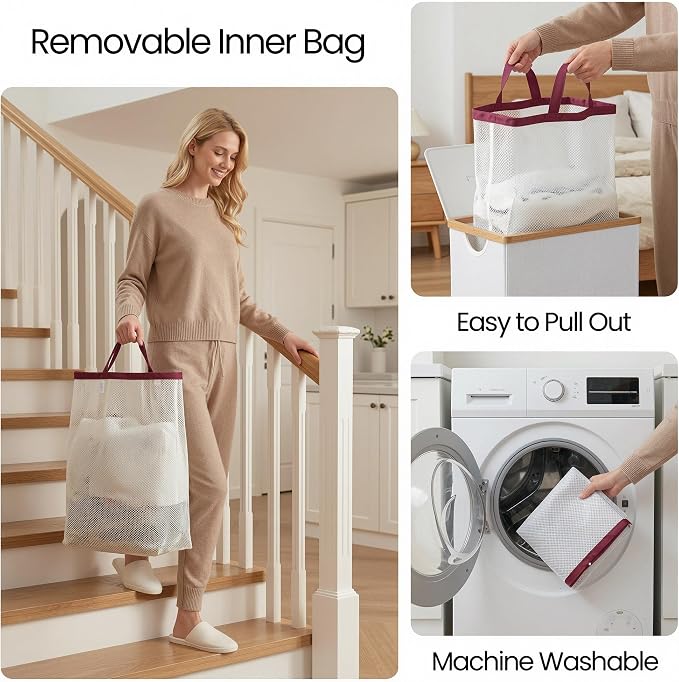 efluky Slim Laundry Basket with Lid, Narrow Laundry Hamper with Removable Bag, Skinny Dirty Clothes Basket with Bamboo Handles for Bathroom, Bedroom & Laundry Room, 75L Burgundy - Image 6