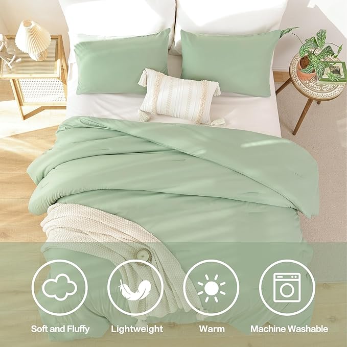 ROSGONIA Oversized Queen Comforter Sage Green, 3pcs (1 Green Comforter & 2 Pillowcases) Lightweight Oversized Queen Comforter Sets Bedding Blanket Quilts