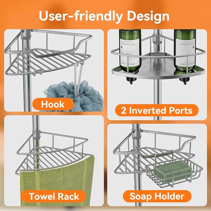 Corner Shower Caddy Tension Pole Rustproof, 4 Tier Adjustable Shower Organizer Tension Pole, 25-125 Inch Bathroom Shower Organizer for Bathtub Shampoo Storage, Silver - Image 3