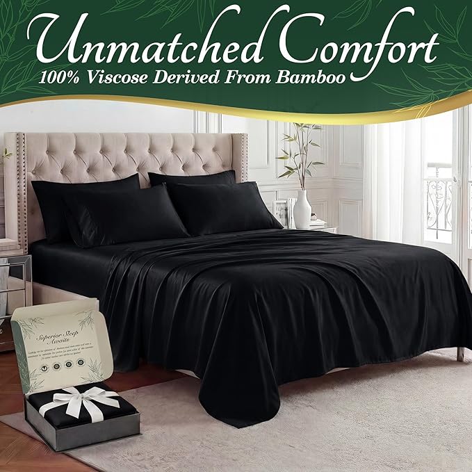 DECOLURE 100% Viscose Derived from Bamboo Sheets Twin Size - Luxury 4 Pc Naturally Cooling Sheets, Ultra Soft Bed Set - Deep 17" Pockets, Durable Double Stitching, Oeko Tex Standard (Black)
