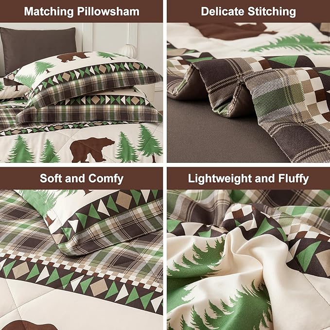 Comforter Set Queen Size Rustic Bear Comforter Bedding-7 Piece Bed in a Bag, Soft Fluffy Reversible Microfiber Bedding Set(1 Comforter,1 Flat Sheet,1 Fitted Sheet,2 Pillowcases,2 Pillow Shams),Green
