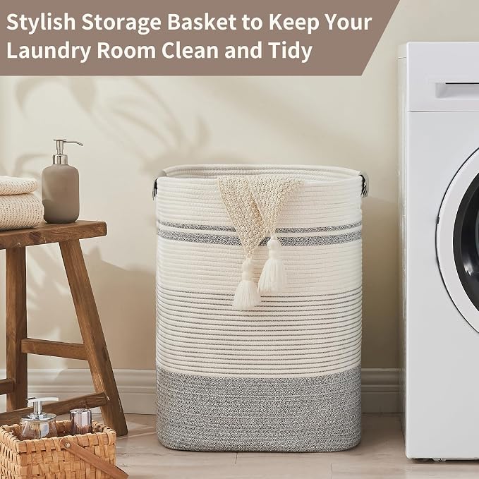AINUOQI Laundry Basket with Handles - Blanket Basket & Hampers for Bedroom Aesthetic, Laundry Hamper & Blanket Storage for Living Room, Clothes Hamper, Tall, Large 17" x 14" x 22”, Grey & White - Image 5