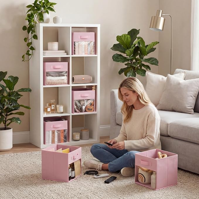 GRANNY SAYS Cube Storage Bins with Clear Window, 11 Inch Storage Cube Organizer, Collapsible Fabric Storage Cubes, Decorative Cube Storage Organizer for Shelves, Closet, Pink, 6-Pack - Image 4