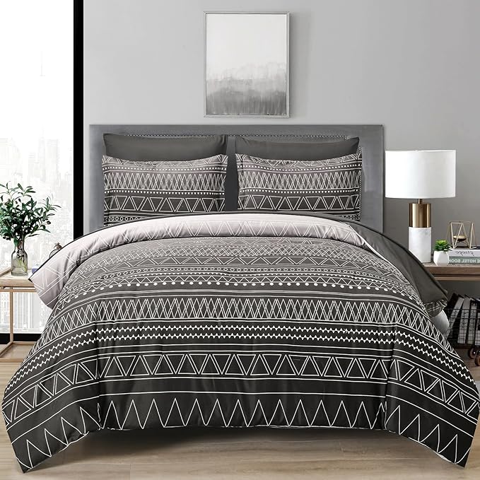 WONGS BEDDING Black Grey Boho Comforter Set King Size 7 Piece Stripe Gradient Bed Set Bed in a Bag Bedding Set for All Seasons Reversible Soft Microfiber Comforter with Sheets, Pillowcases & Shams
