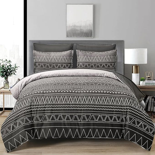 WONGS BEDDING Black Grey Boho Comforter Set King Size 7 Piece Stripe Gradient Bed Set Bed in a Bag Bedding Set for All Seasons Reversible Soft Microfiber Comforter with Sheets, Pillowcases & Shams