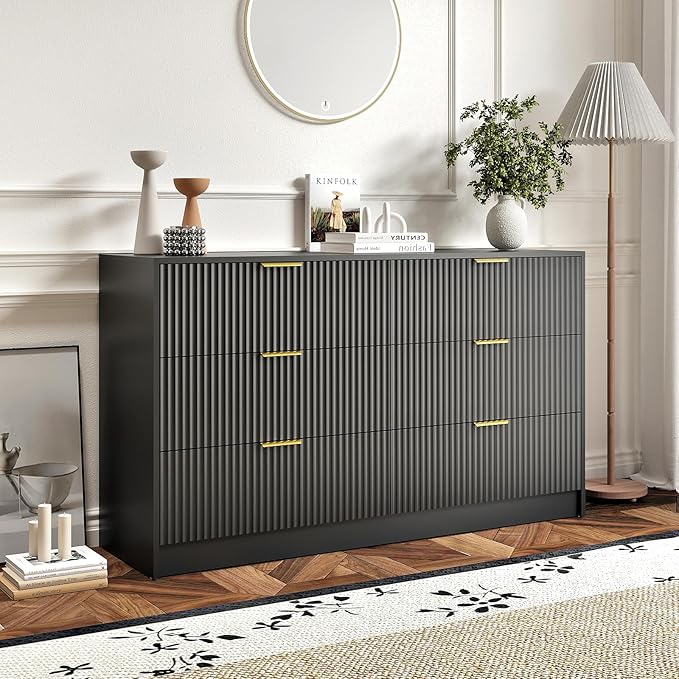 6 Drawer Dresser and Nightstand Sets for Bedroom, 3 Pcs Bedroom Set, Night Stand Set of 2 & 6 Drawer Dresser with Gold Handles, Modern Wood Chest of Drawers Storage Cabinet Set, Black
