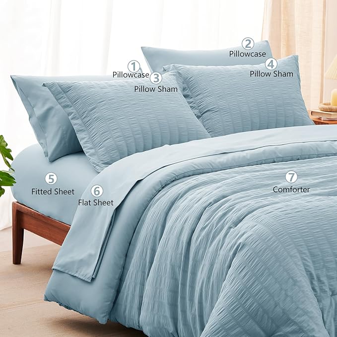 CozyLux Queen Comforter Set Light Blue Seersucker 7 Pieces Bed in a Bag Queen Comforter Set with Sheets, Luxury Soft Bedding Set with Down Alternative Comforter, Sheets, Pillowcases & Shams All Season