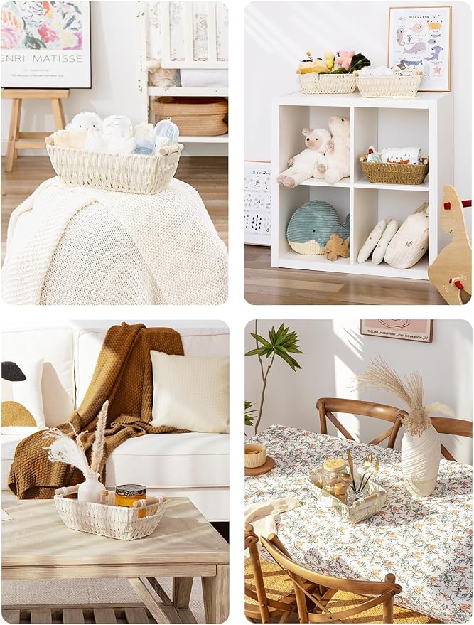 StorageWorks Round Paper Rope Woven Basket with Wooden Handles for Gifts, Small Wicker Baskets for Shelf, Beige, 2-Pack - Image 5