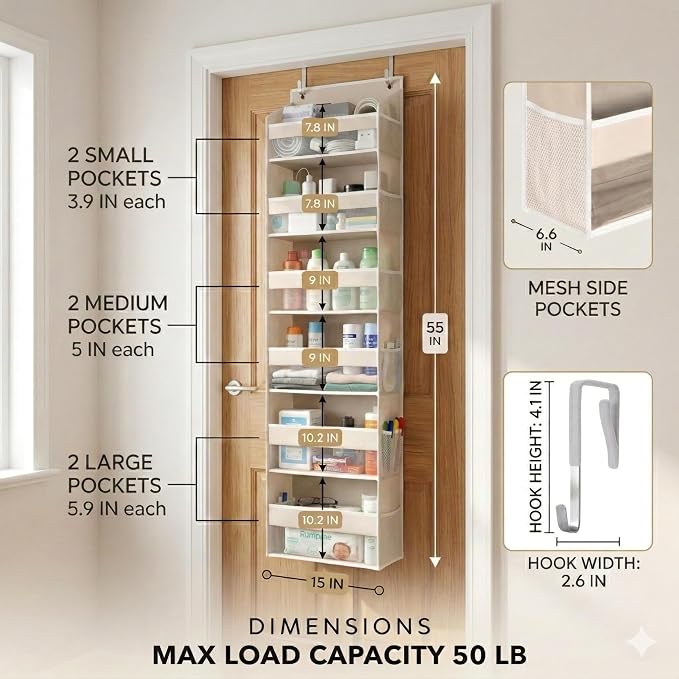 HOMELUX THEORY UPGRADED 6 Tiers Over The Door Organizer Hanging - 100D EXTRA THICK & 50lbs HUGE CAPACITY, 12 Side Mesh Pockets Over The Door Shoe Organizer, Hanging Closet Organizer (Ivory, 2pc) - Image 2