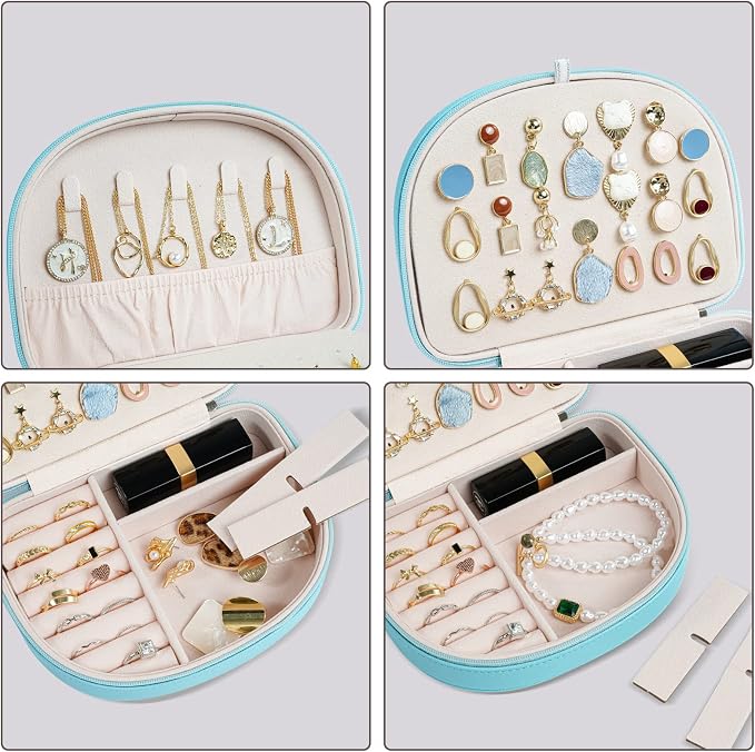 ProCase Travel Size Jewelry Box, Medium Portable Seashell-Shaped Jewelry Case, 2 Layer Jewelry Organizer in PU Leather for Women -Blue - Image 3