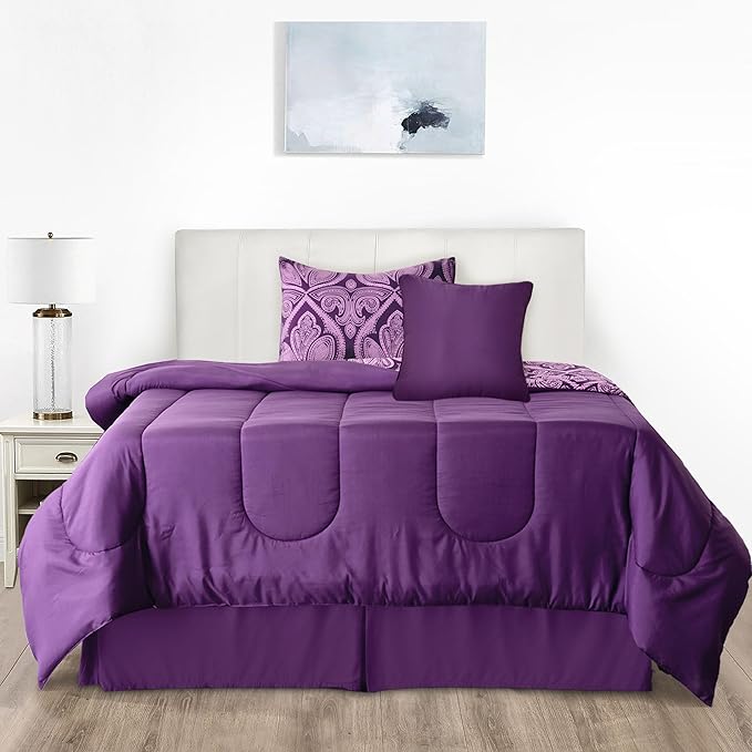 LUX Décor Reversible 4pc Twin Comforter Set, Printed Bedding Set, All-in-One Bed in a Bag, Includes 1 Comforter, 1 Pillow Sham, 1 Decor Pillow & 1 Bed Skirt (Paisley Purple,Twin)