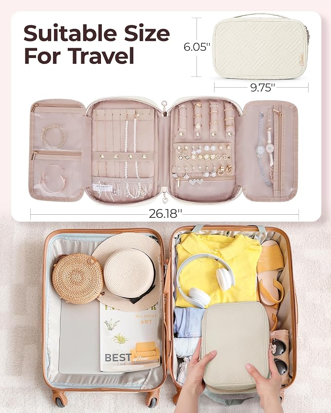 BAGSMART Travel Jewelry Case, Jewelry Organizer for Women Girls, Zipper Rings Holder Storage Pouch for Rolls Necklaces,Stud Earrings,Bracelets, Beige - Image 5